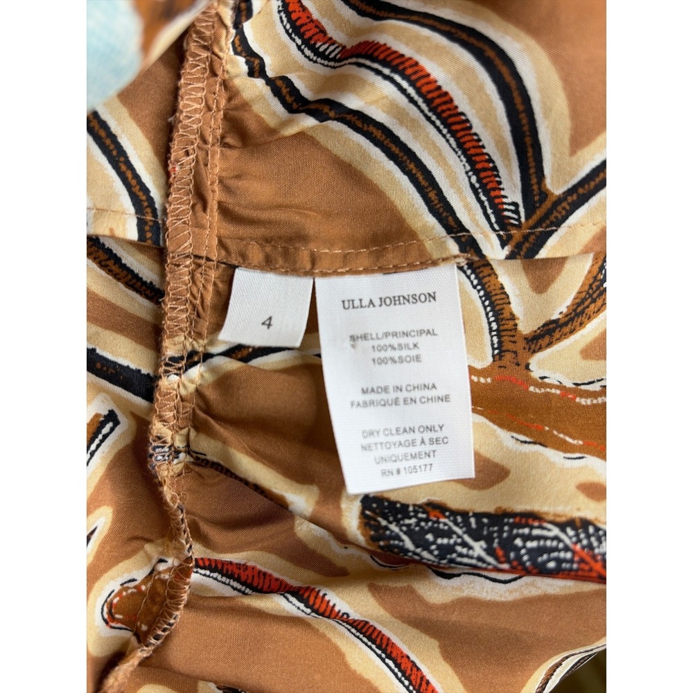 Ulla Johnson Zeenat Silk‎ Floral Batik Tiered Midi Dress Puff Sleeve Copper Sz 4 - Picture 12 of 12